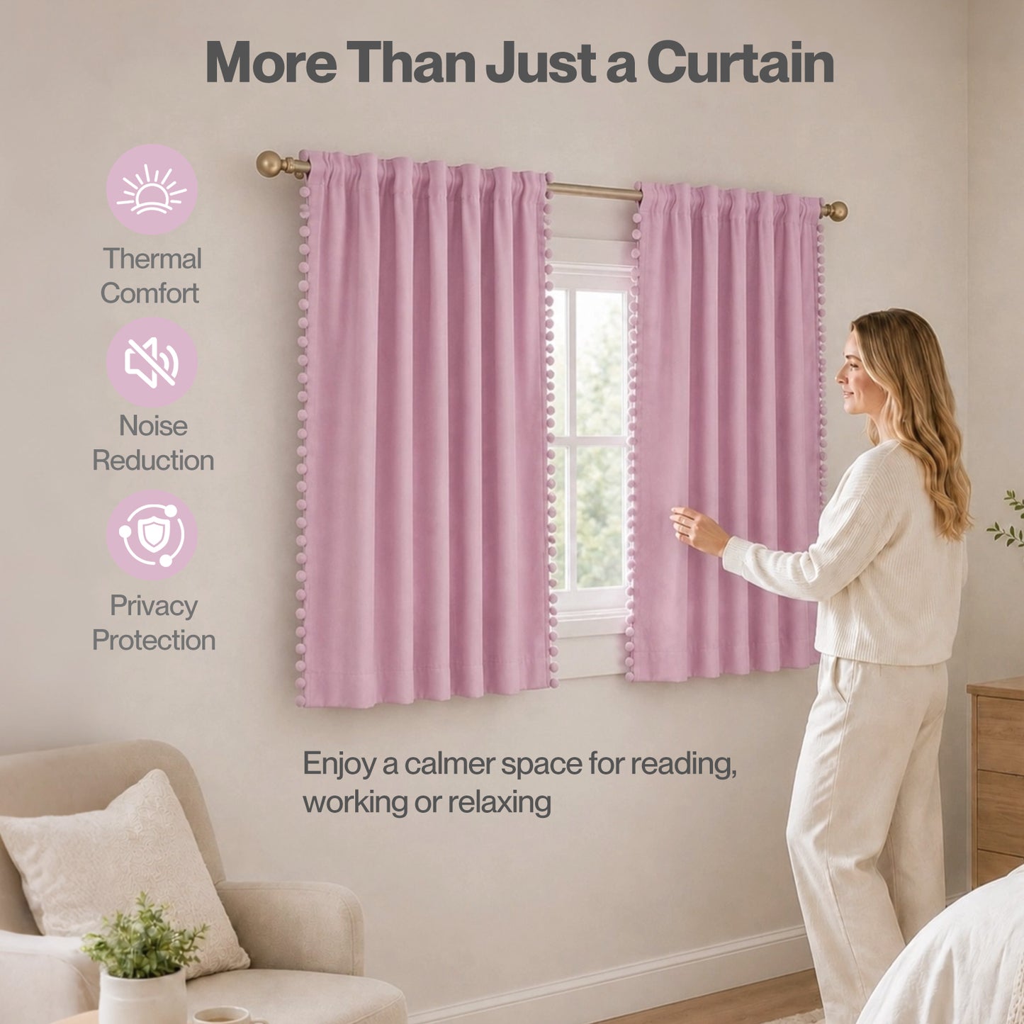 Marlow Pink Pom Pom Curtains for Nursery & Baby Girls Room 46"x54"  2 Panels