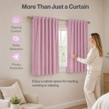 Marlow Pink Pom Pom Curtains for Nursery & Baby Girls Room 46"x54"  2 Panels