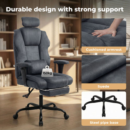 Executive Ergonomic Office Chair Suede Fabric Wide Seat 155° Recline Footrest
