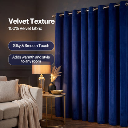 Marlow Thick Thermal Blackout Curtains Velvet 66x90 Inch Eyelet Ring Top Blue