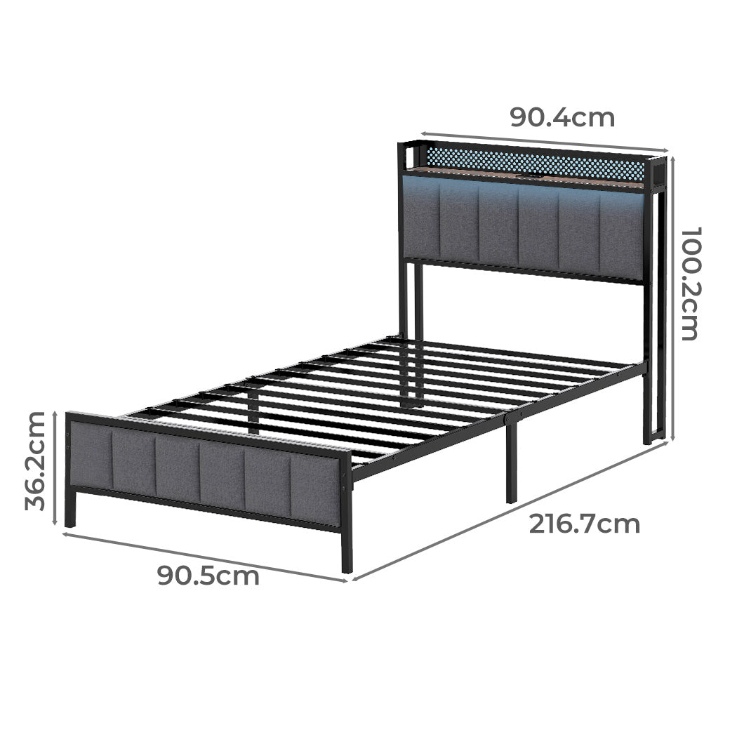 Levede Single Bed Frame Metal Platform 90x200cm LED Headboard Charging Station