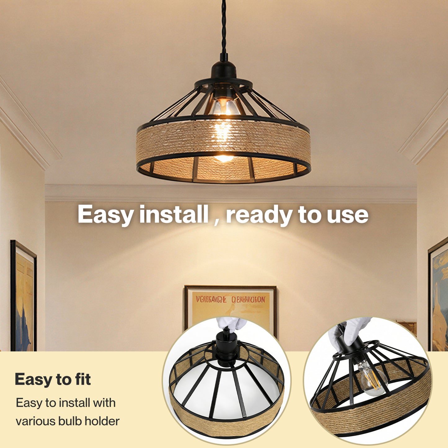 Emitto Modern Ceiling Pendant Light Shade Industrial Hemp Rope Lamp Shade 30cm
