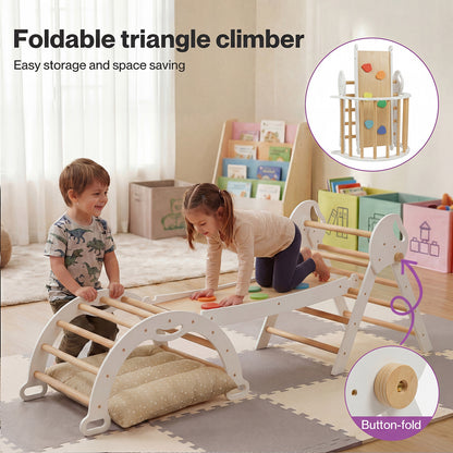 DEKKO 8 in 1 Triangle Climbing Set Kids Wooden Climber with Arch Slide White