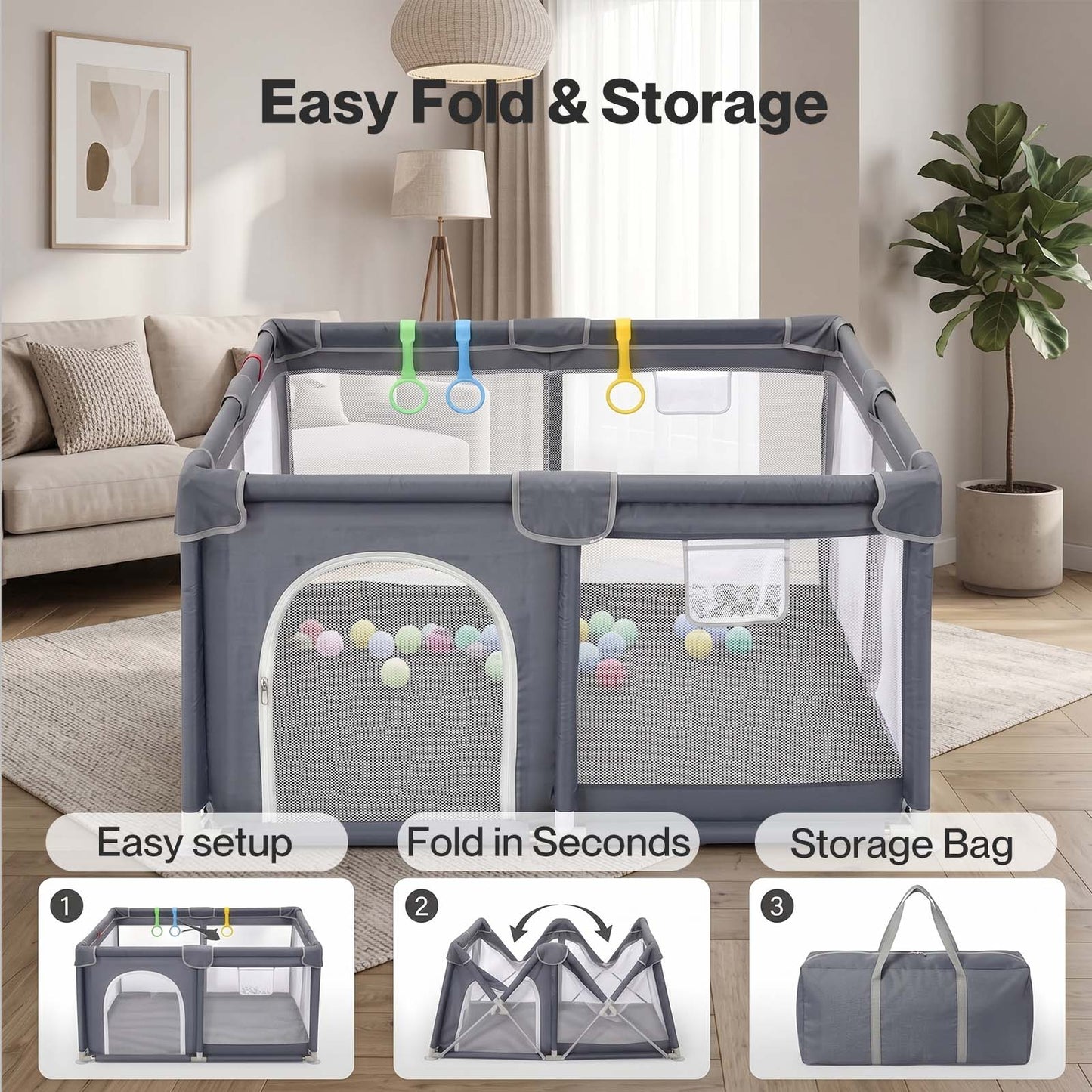 Dekko Baby Playpen 127x127cm Play Mat with 50 Ocean Balls Safe Easy Storage Grey