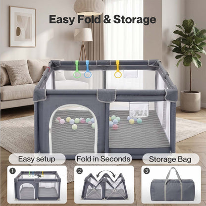 Dekko Baby Playpen 127x127cm Play Mat with 50 Ocean Balls Safe Easy Storage Grey