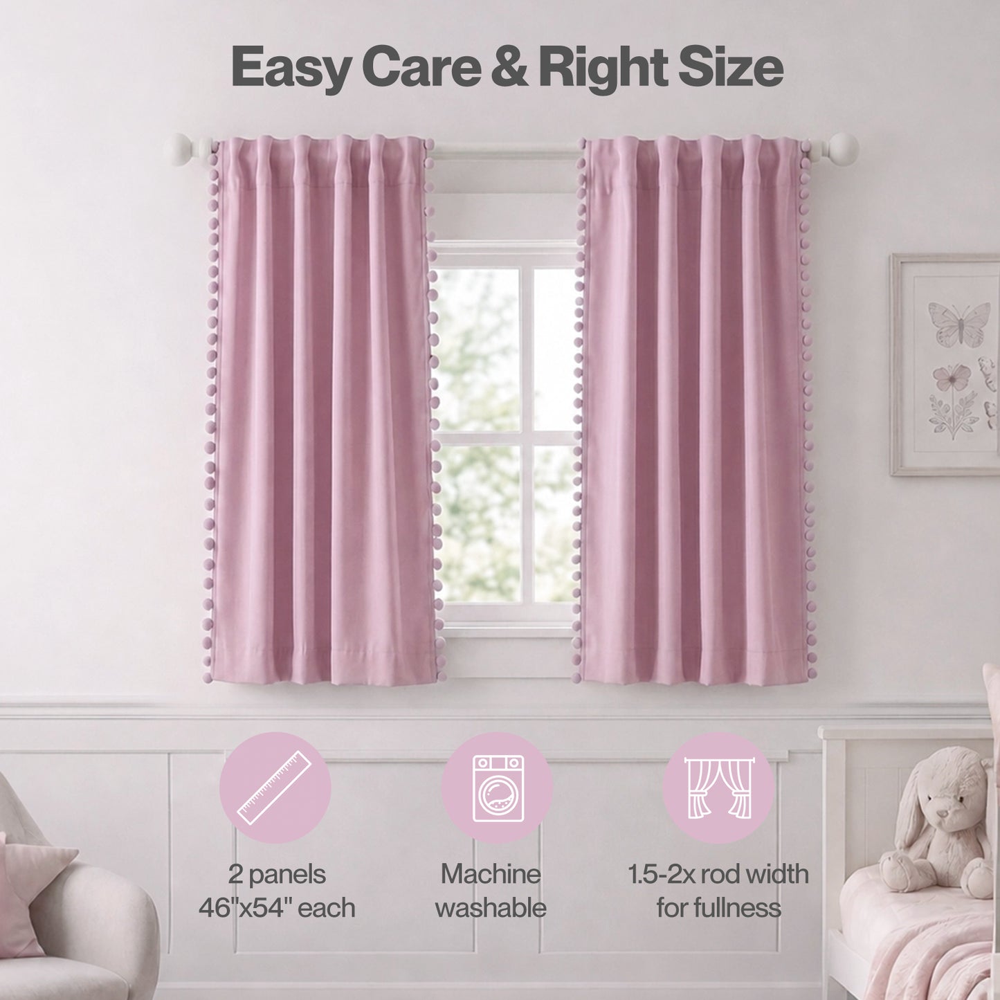 Marlow Pink Pom Pom Curtains for Nursery & Baby Girls Room 46"x54"  2 Panels
