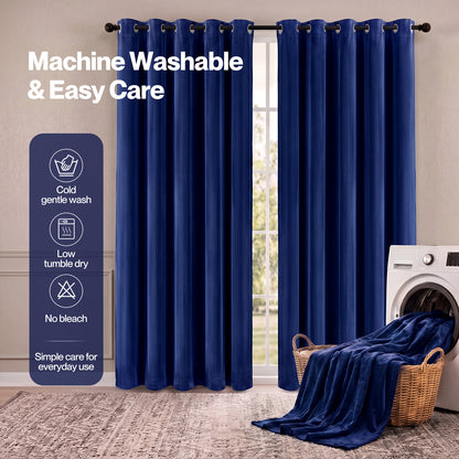 Marlow Thick Thermal Blackout Curtains Velvet 66x72 Inch Eyelet Ring Top Blue