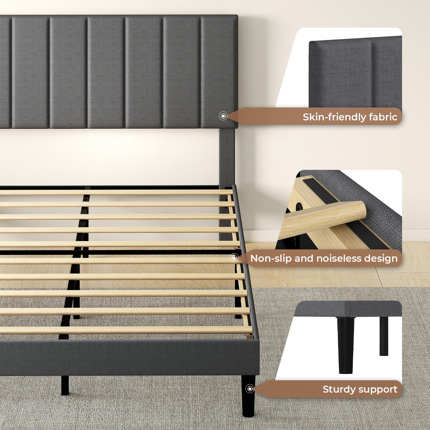 Levede King Bed Frame Linen Fabric Upholstered Soft Foam Headboard Wooden Slat