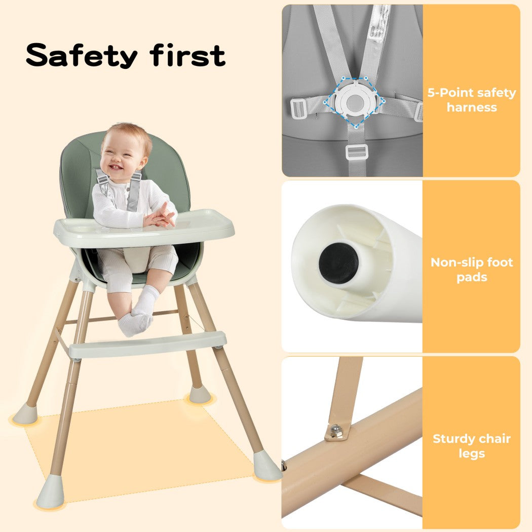 Dekko Baby High Chair Safe Feeding 6-In-1 Removable Seat Tray Adjustable Green
