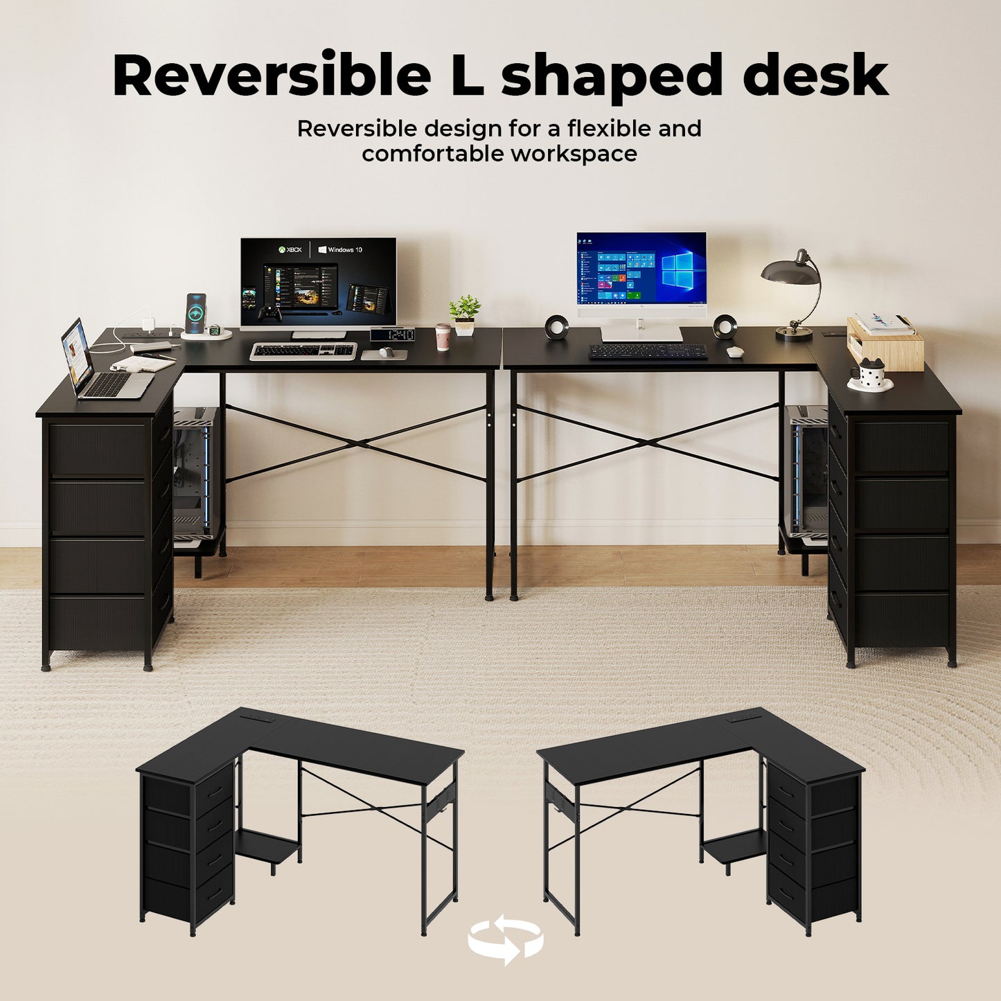 Levede Office Gaming Desk Reversible L-shaped Corner Computer Table 4 Drawers
