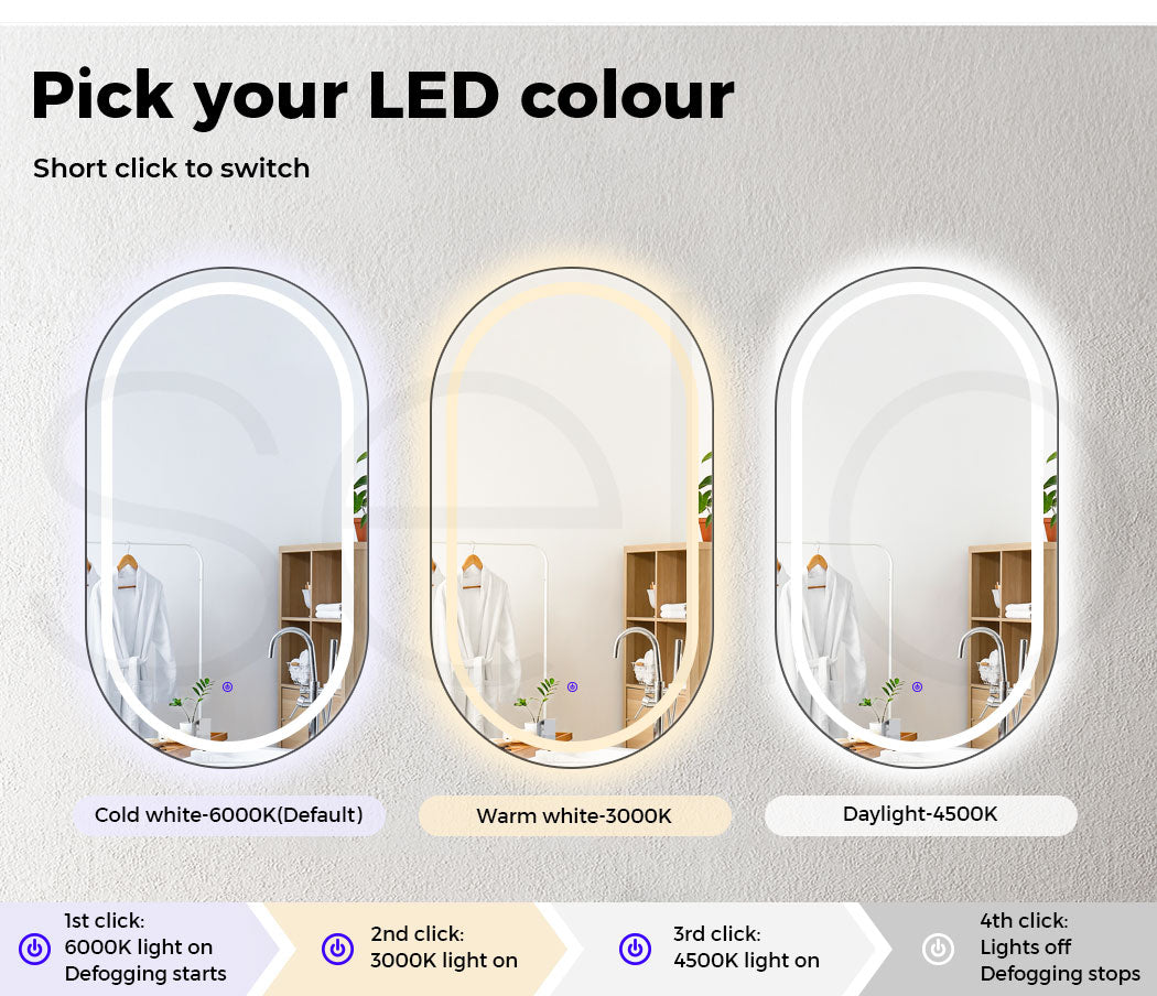 Led Bathroom Mirror With 3 Light Oval Makeup Wall Mirrors Illuminated 50x75cm