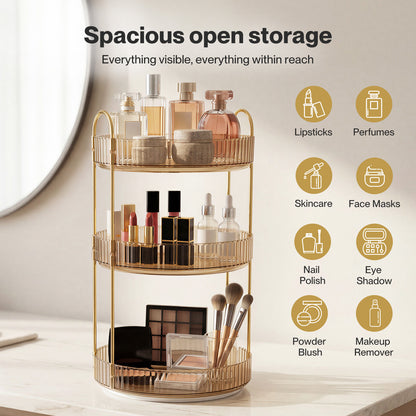 ilus Makeup Organiser 360 Rotating Spinning 3 Tiers Cosmetic Organizer Gold