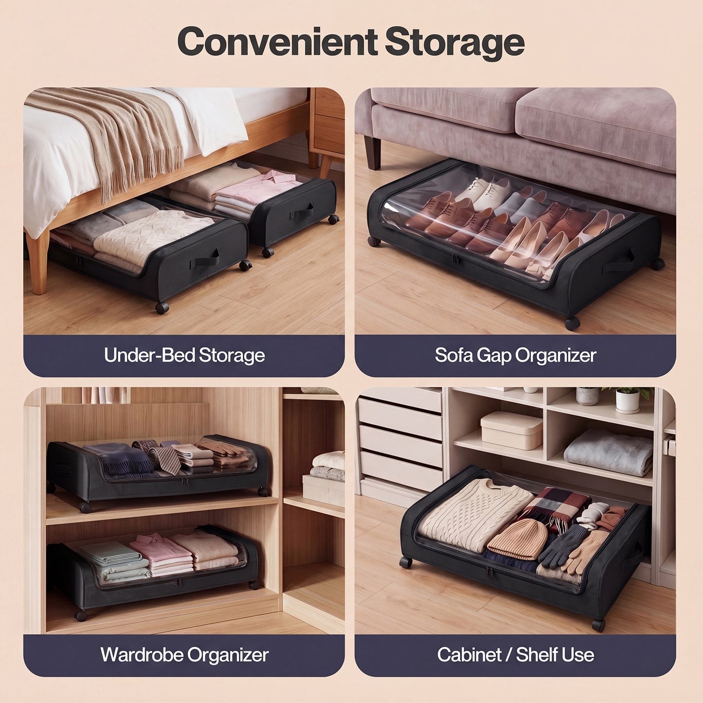 Levede Under Bed Storage Boxes with Lids  46L x2  Rolling  Black  Oxford