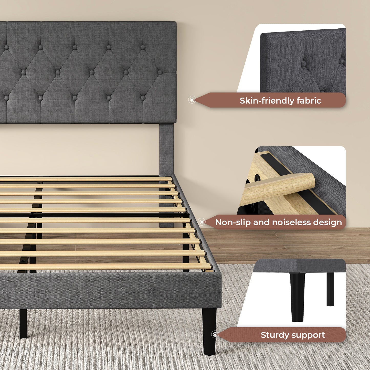 Levede Bed Frame Upholstered Small Double Linen Fabric Soft Foam Headboard Wood