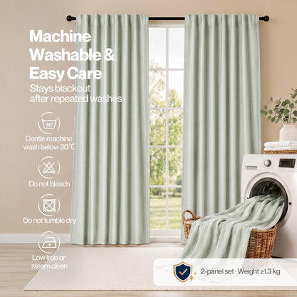 Marlow 100% Blackout Curtains Thermal Linen Look Pair Ready Made 52x84 in Green