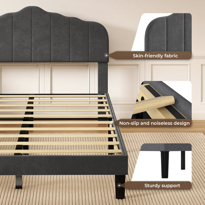 Levede Double Upholstered Bed Frame Linen Fabric Modern Soft Scalloped Headboard