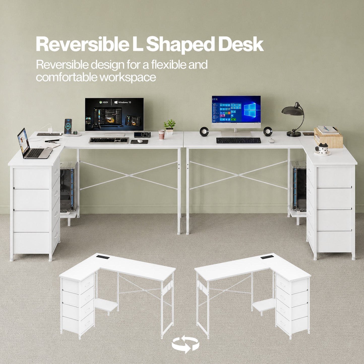 Levede L-shaped Office Desk Corner Computer Table with Storage USB Power Charing