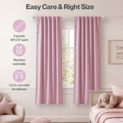 Marlow Pink Pom Pom Curtains for Nursery & Baby Girls Room 46"x72"  2 Panels