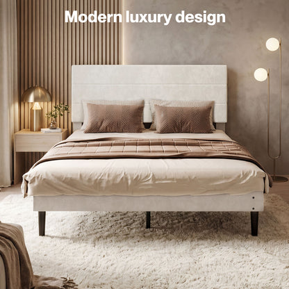 Levede King Bed Frame Upholstered Headboard Platform Velvet Foam White Fabric