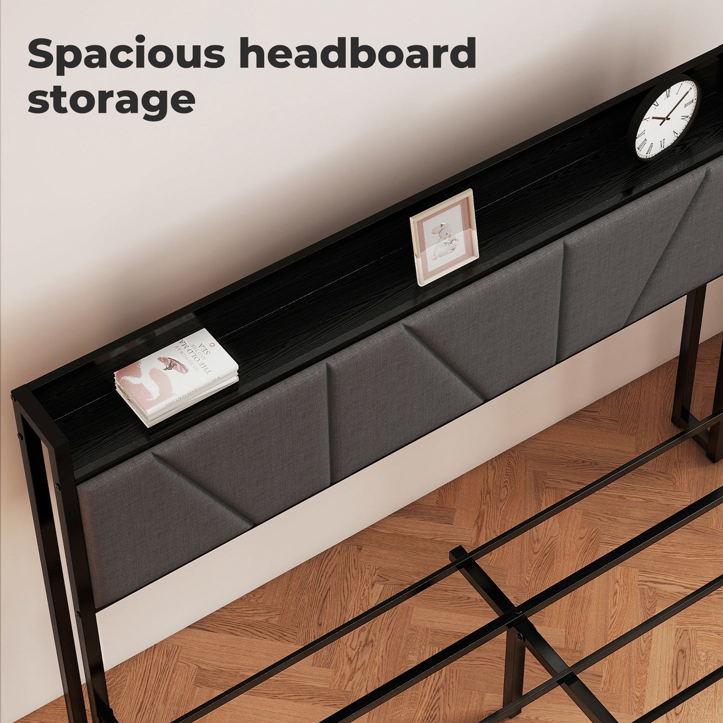 Levede Bed Frame Metal Platform Upholstered Headboard with Storage Single Double