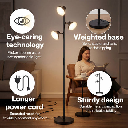 Emitto Floor Lamp 3 Head LED Reading Light Rotatable Remote Standing Lamp Black