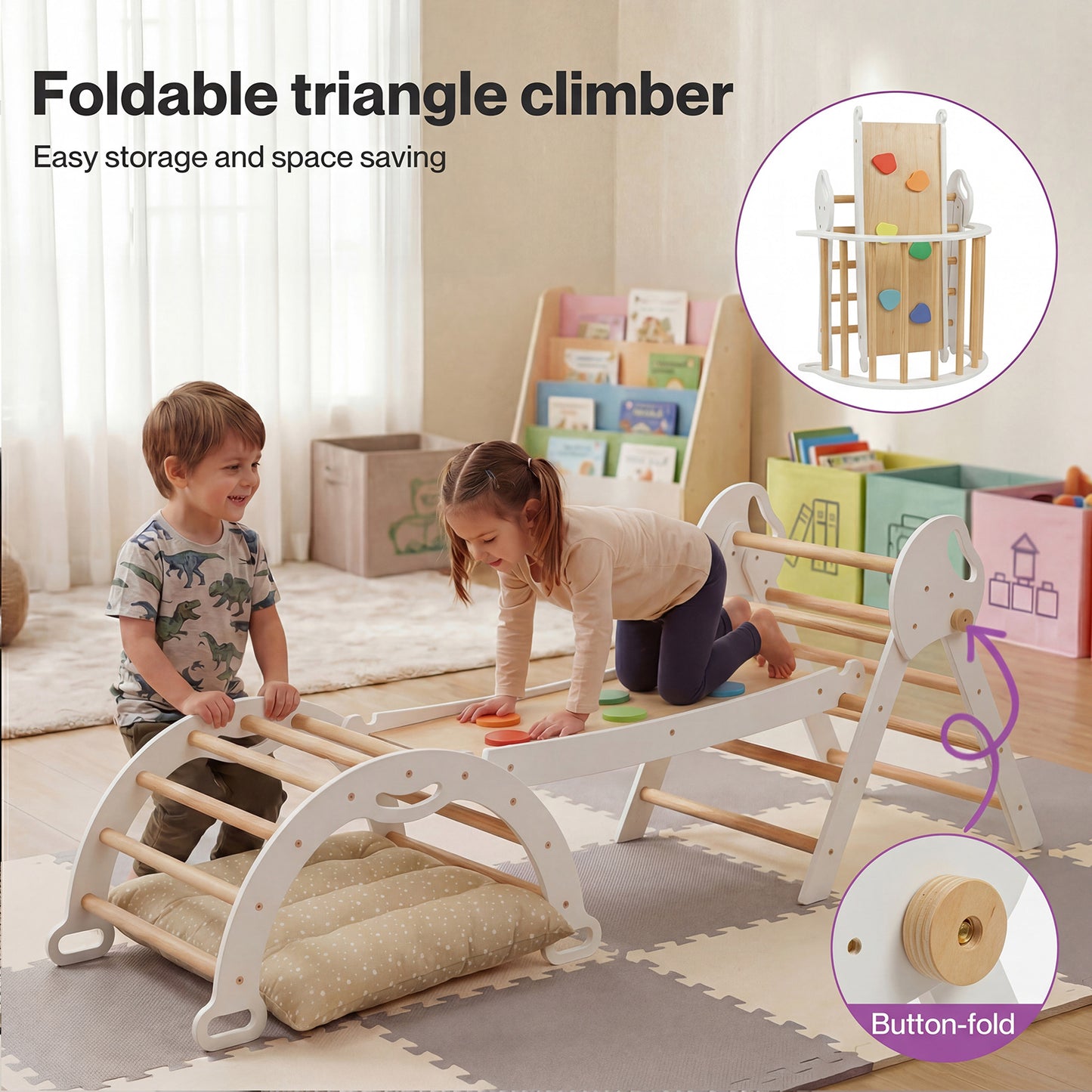 DEKKO 8 in 1 Triangle Climbing Set Kids Wooden Climber with Arch Slide Cushion