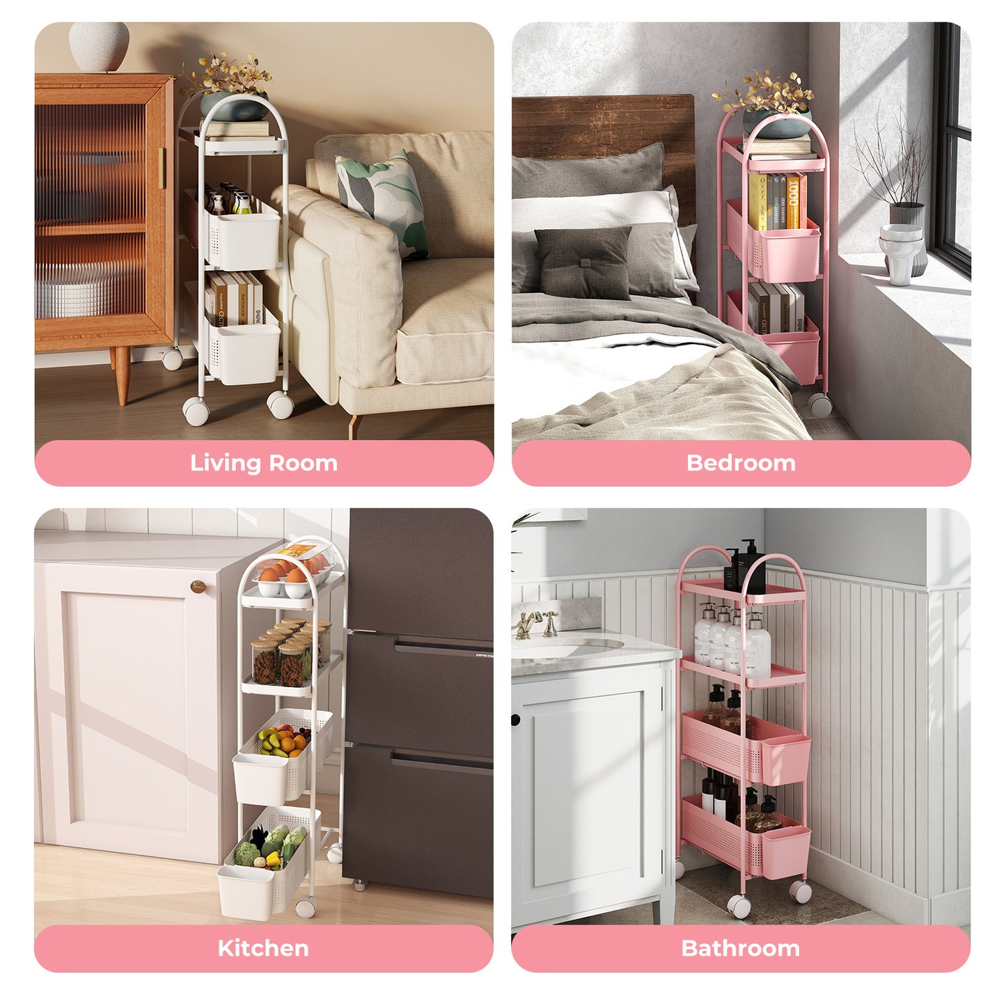 Levede 3 Tier Narrow Trolley Cart on Wheels Pull out and Hanging Storage Basket