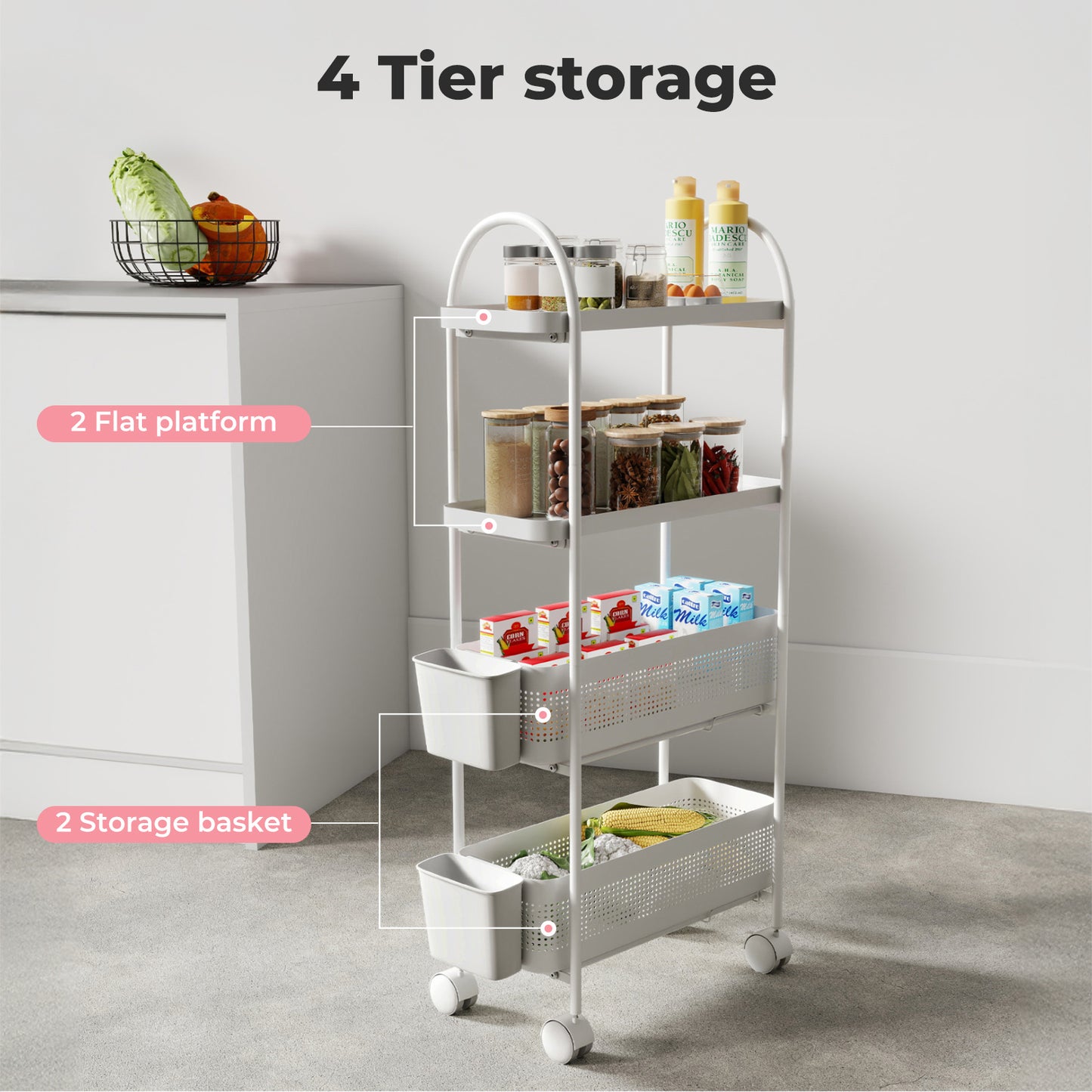 Levede 4 Tier Kitchen Trolley Cart Narrow on Wheels Pull out Bakset Storage Bins