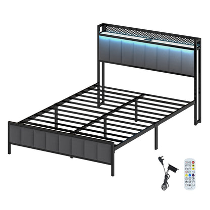Levede Double Bed Frame Upholstered Headboard Metal Mattress Base LED Lights USB