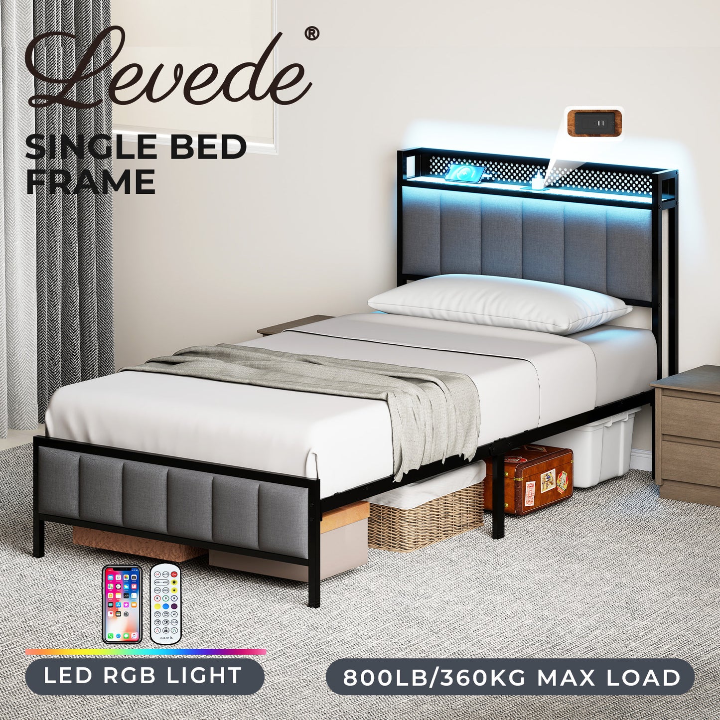 Levede Single Bed Frame LED Lights Headboard USB Charge Metal Mattress Platform