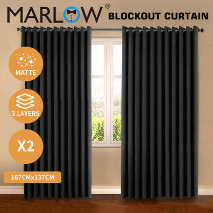 Marlow Blockout Curtains Panel 2x Blockot Eyelet Ring Top Black for Living Room