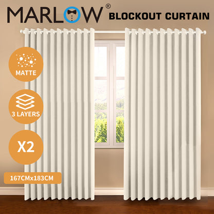 Marlow Thermal Blockout Curtains 2x Eyelet Ring 167x183cm Beige Machine Washable