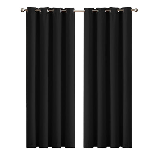 Marlow Thick Blockout Curtains 2x Thermal Eyelet Ring 167x183cm Black Washable