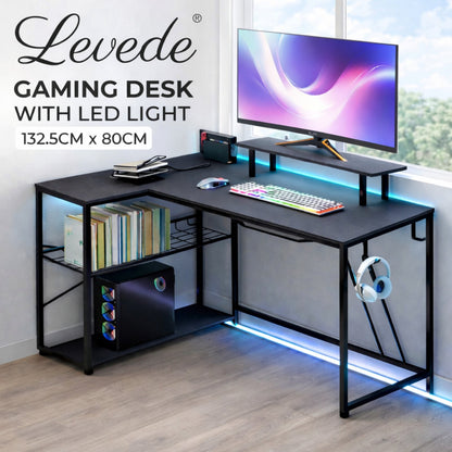 Levede Gaming Desk with LED Lights Shelf Corner L-Shaped Computer Table Charging