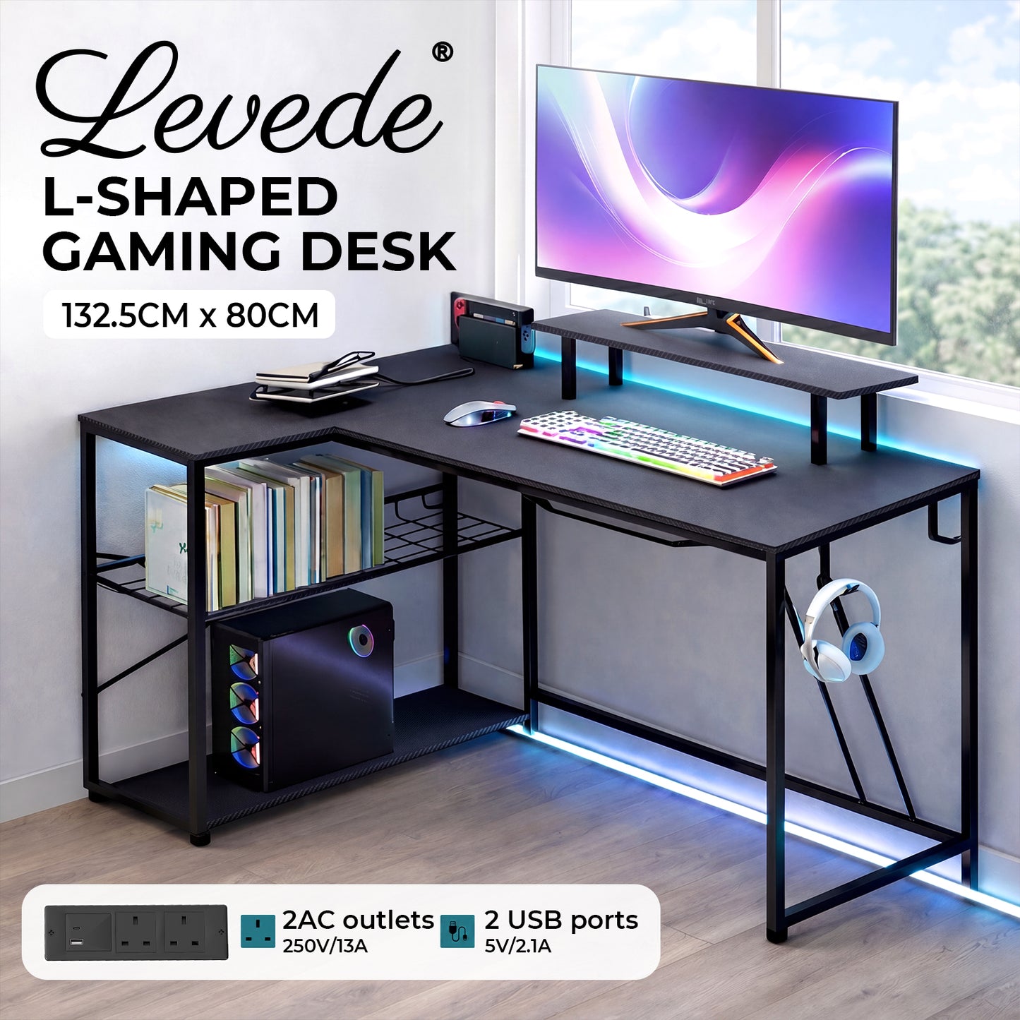 Levede Gaming Desk with LED Lights Shelf Corner L-Shaped Computer Table Charging