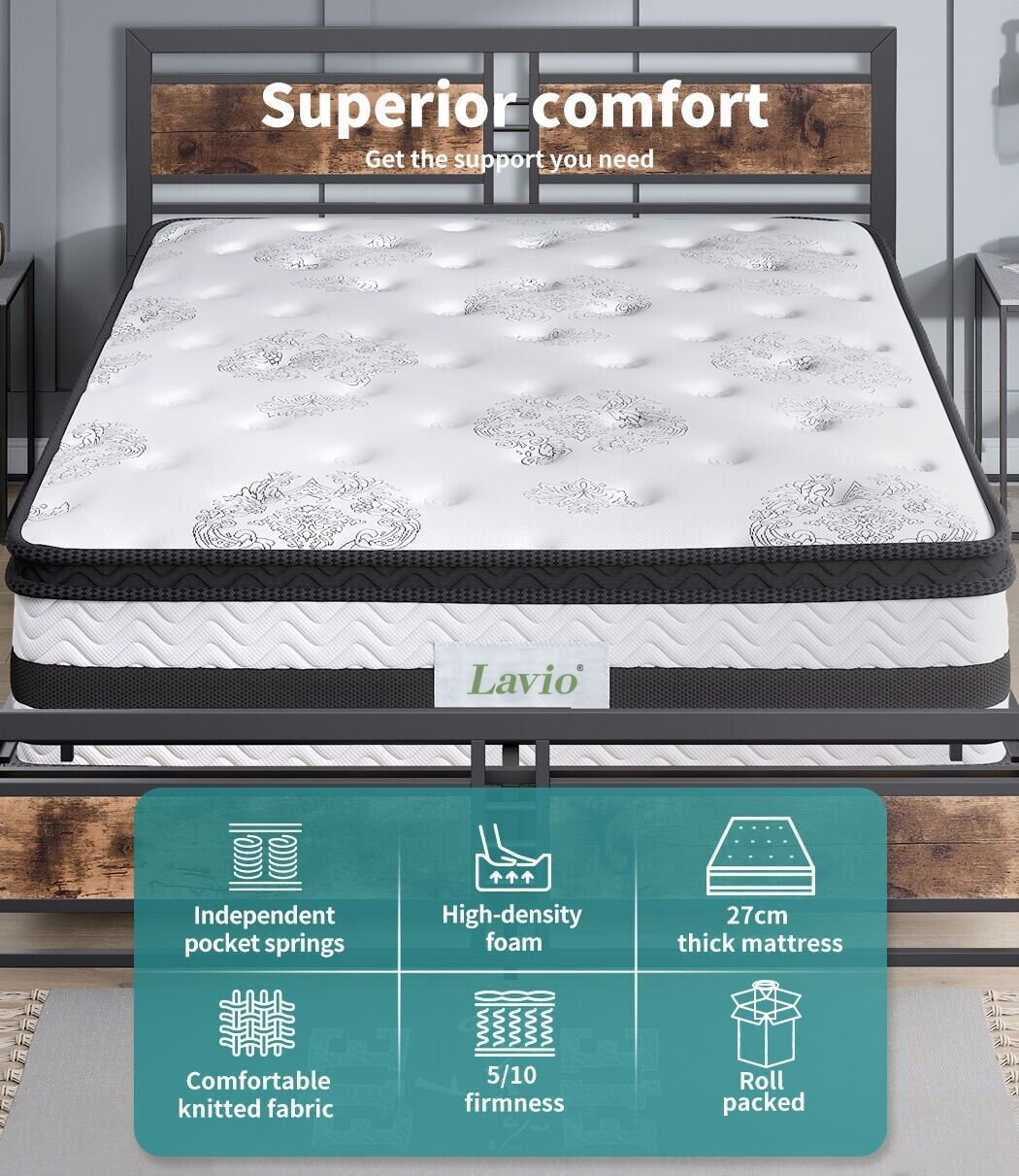 Lavio Sprung Mattress Foam 4FT6 Double Size Bed Top Pocket Firm Soft Luxury